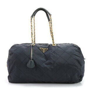 Prada Tessuto Nylon Quilted Bag Chain Tote Triangle Navy Blue